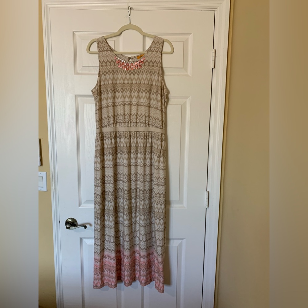Ruby Rd. Beaded Jeweled Sleeveless Sundress, Tan and Pink, Size Petite Large PL
